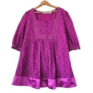 Vtg Denim 24/7 Lace Peasant Blouse Womens 16W Purple Tie Back Boho Prairie Satin